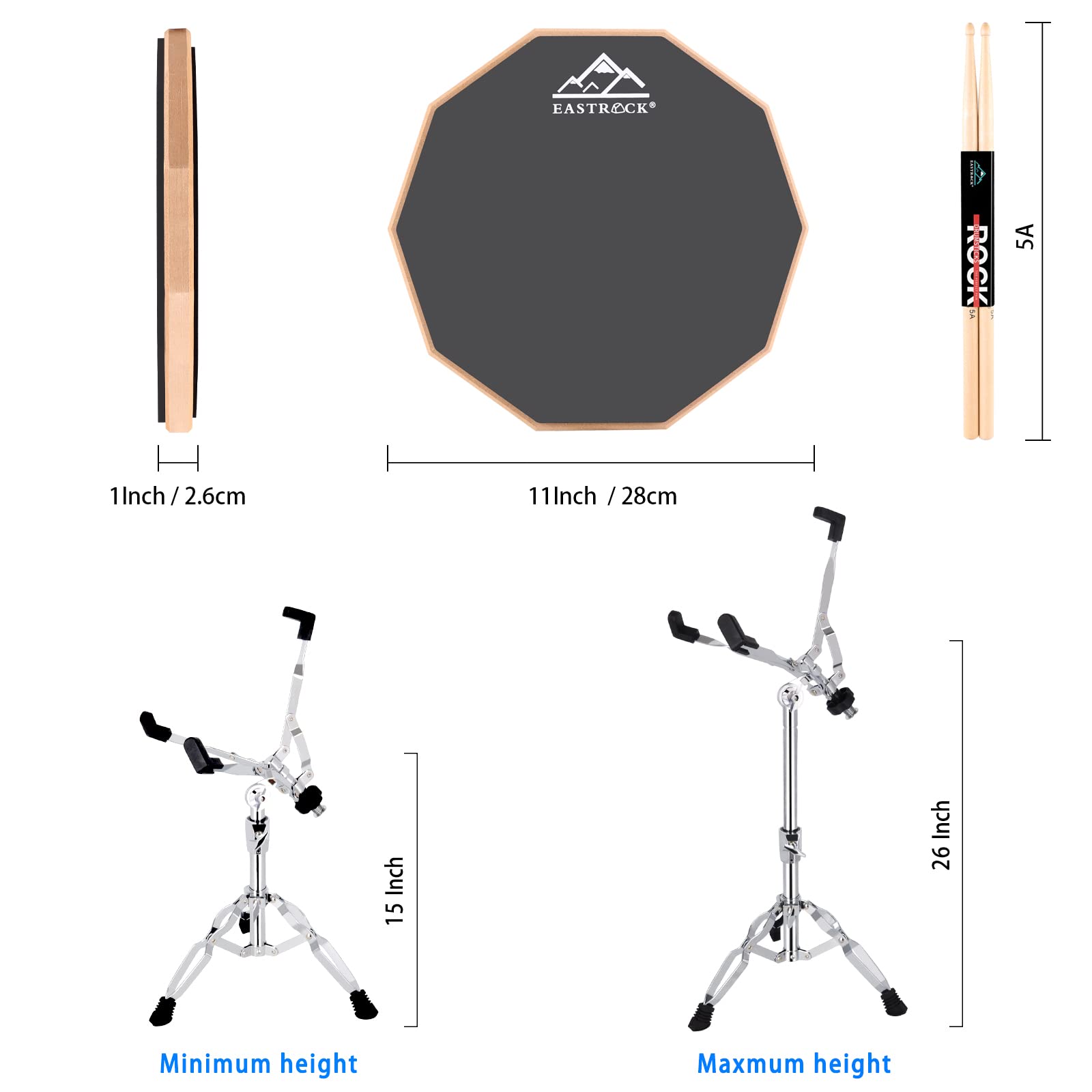 EASTROCK Schlagzeug-Übungspad,Drum Practice Pad 12 Zoll doppelseitig Kieselgel Übungspad mit Snare Drum Ständer Rucksack Drumsticks für erwachsene Anfänger Grau