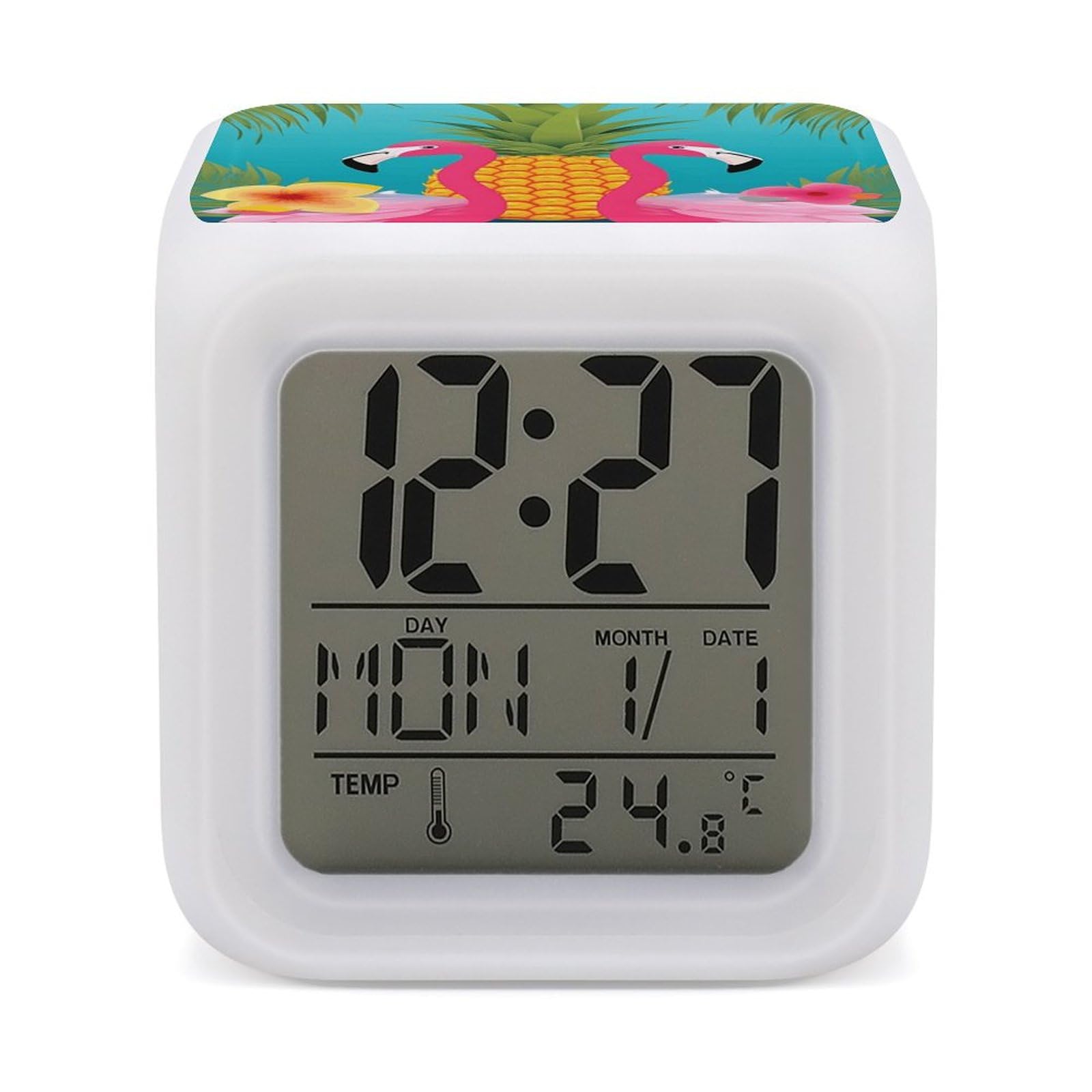 JTREHY 7 Color Changing LED Digital Alarm Clock,Pineapple Flamingo Printed Wake-up Clock with Temperature Display Home Decoration Alarm Clock for Bedroom Office