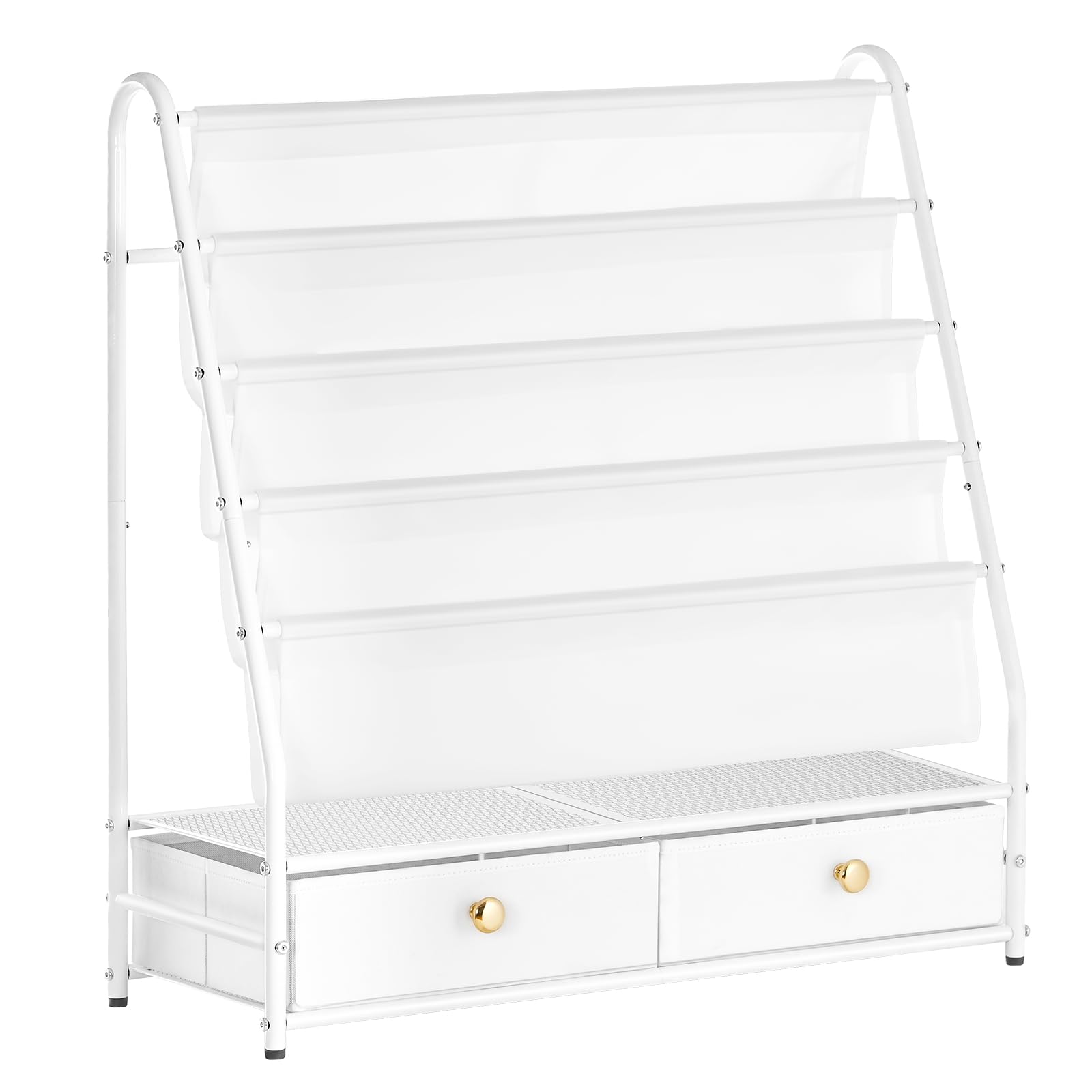 MAHANCRIS Kids Bookshelf, 4 Tier Bookcase, Kids Sling Book Rack with 2 Fabric Drawers, Storage Nursery Book Shelf for Children, Toy Organizer for Kids Room, Living Room, Study Room, White BKBW7401