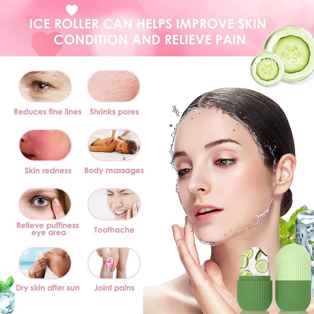 RAVIRANDAL Ice Roller For Face, Face Massager, Enhance Skin Glow, Shrink Pores, Puffy Eyes, Acne, Facial Ice Roller, Unbreakable/Reusable (Multicolor) 3