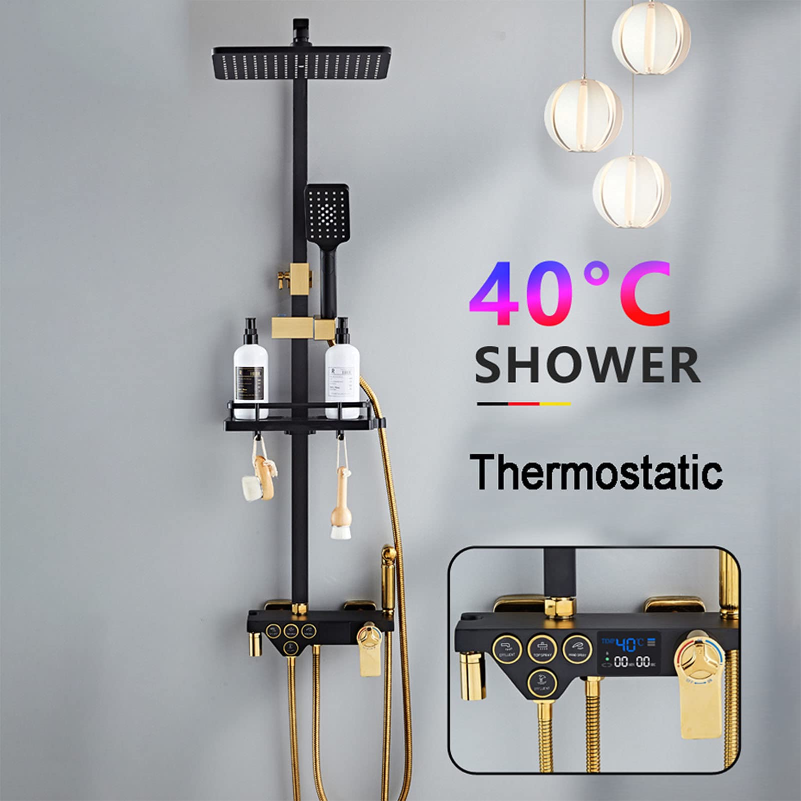 Set Rubinetto Doccia termostatico Nero Dorato, Set Display Digitale con soffione, doccetta, spruzzatore Bidet, beccuccio Vasca, Miscelatore Vasca