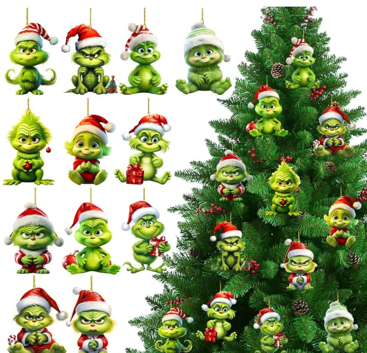 SaiXuan Set de 12 Adornos de Navidad Grin-ch – Decoraciones Acrílicas Divertidas con Cuerda Dorada, Grin-ch Navidad Decoración para Árbol, Ventanas, Casa, Oficina y Fiestas Navideñas