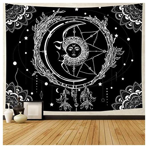 Dremisland Tapiz de Pared Luna y Sol Indio Tapiz Blanco y Negro Psicodélico Estrellado Tapiz Atrapasueños Colgante de Pared Mandala Tapices para Dormitorio Sala de Estar(Luna, M / 130 X 150 cm)
