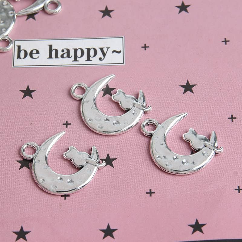 Ximimark 50 PCS Tibetan Silver Plated Moon Cat Charms Pendants for Bracelet Necklace Jewelry Making DIY 23x18mm - Image 3