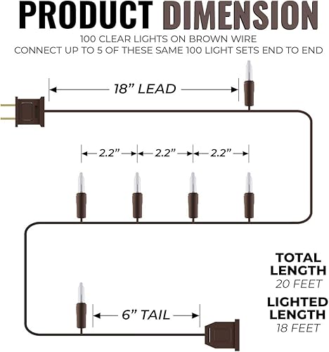 Miniatura 2 de 612 Vermont 100 mini luces transparentes de Navidad en cable de alambre marrón, aprobado por UL para uso en interiores y exteriores, 18 pies de