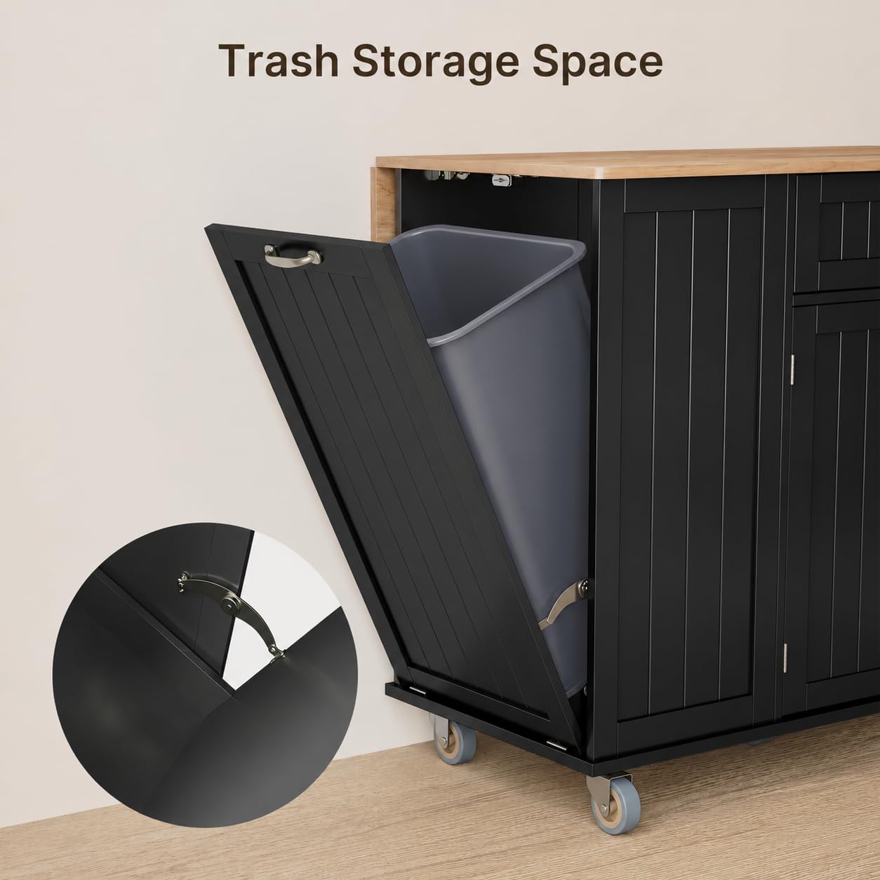 Xbro Îlot de Cuisine avec Emplacement pour Poubelle, Îlot de Cuisine sur roulettes, Meuble de Cuisine avec Plan de Travail Rabattable, Porte-Couteaux, Porte-Serviettes, 113 x 51 x 90 cm, Noir