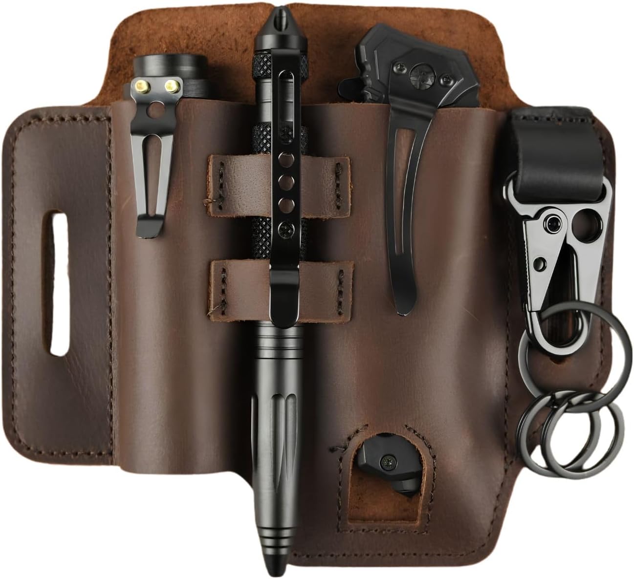 Leather Multitool Sheath for Belt – EDC Pouch & Leather with Flashlight Holder,Pen Loop & Keychain Clip –Multi Tool Holster Pouch for Men,Gift