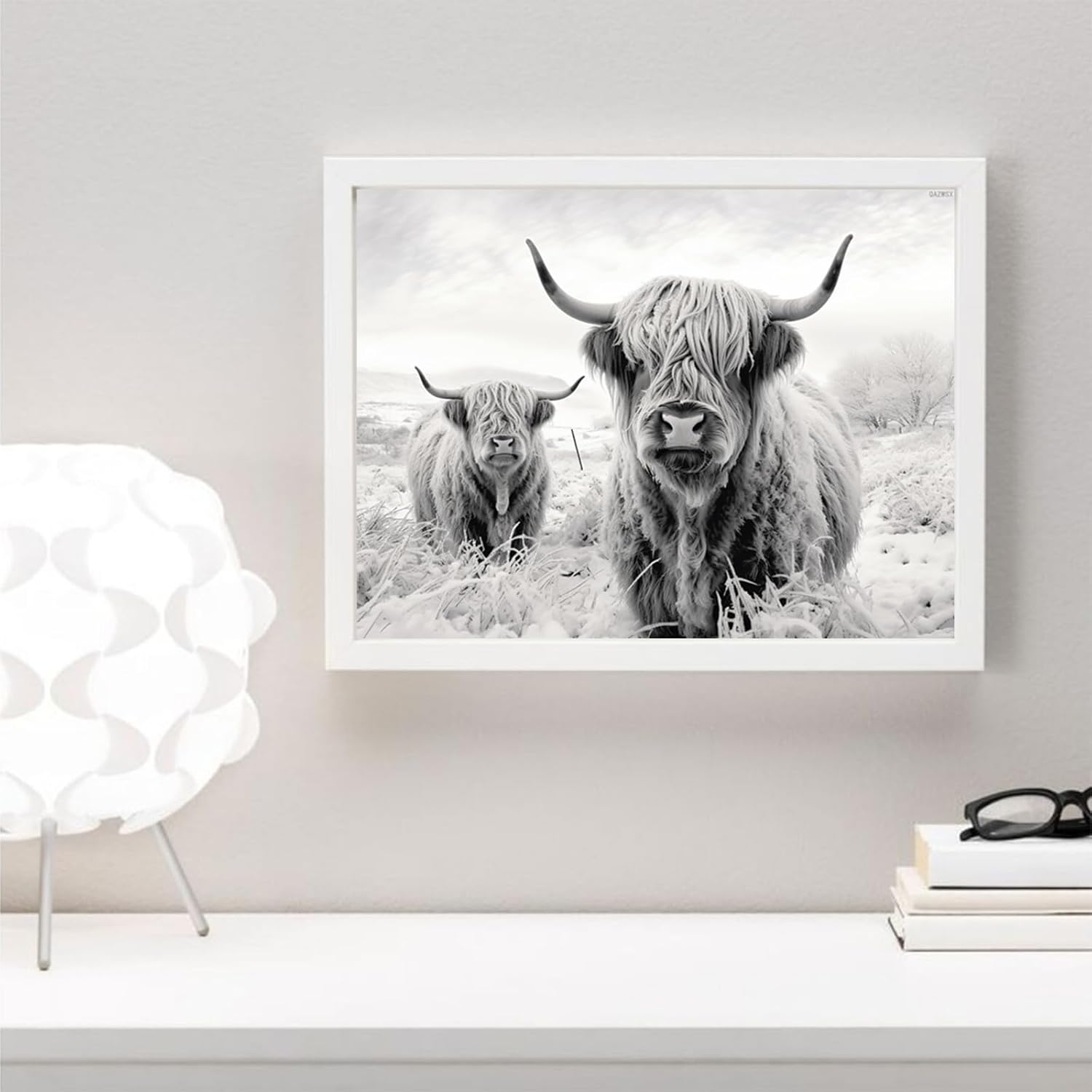 QAZWSX Black White Highland Cattle Cow 5D Diamond Art Painting for Adults Full Drill Round Diamond Paint by Number Kits for Beginners Gems Cross Stitch for Wall Decor 12x16inch