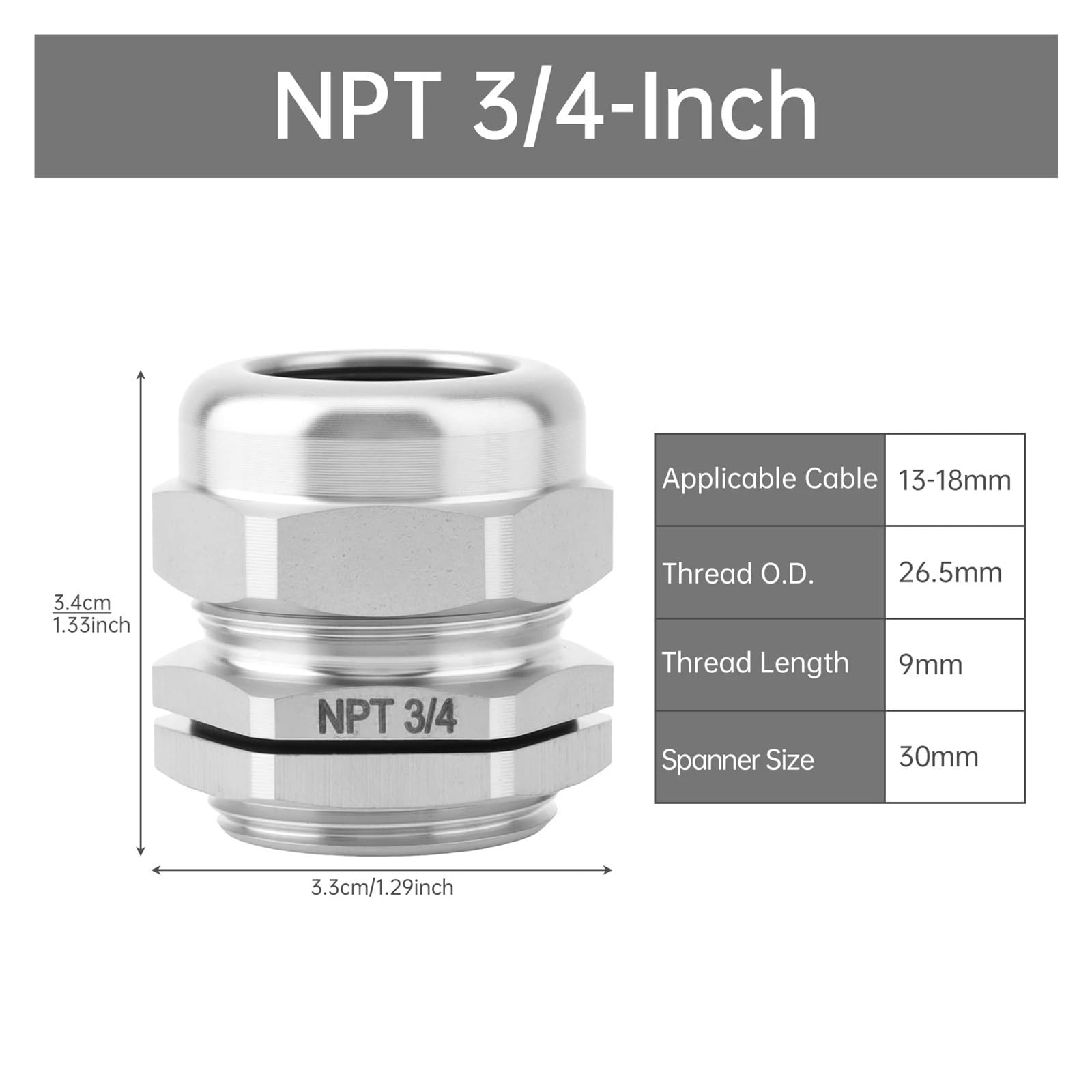 Wasserdichte Kabelverschraubungen, 5 Stück, 0,6 cm - 2,5 cm, NPT-Edelstahl-Kabelverschraubung, wasserdichte Kabelverschraubungen, verstellbare Zugentlastungsstecker (NPT 8,5 cm)