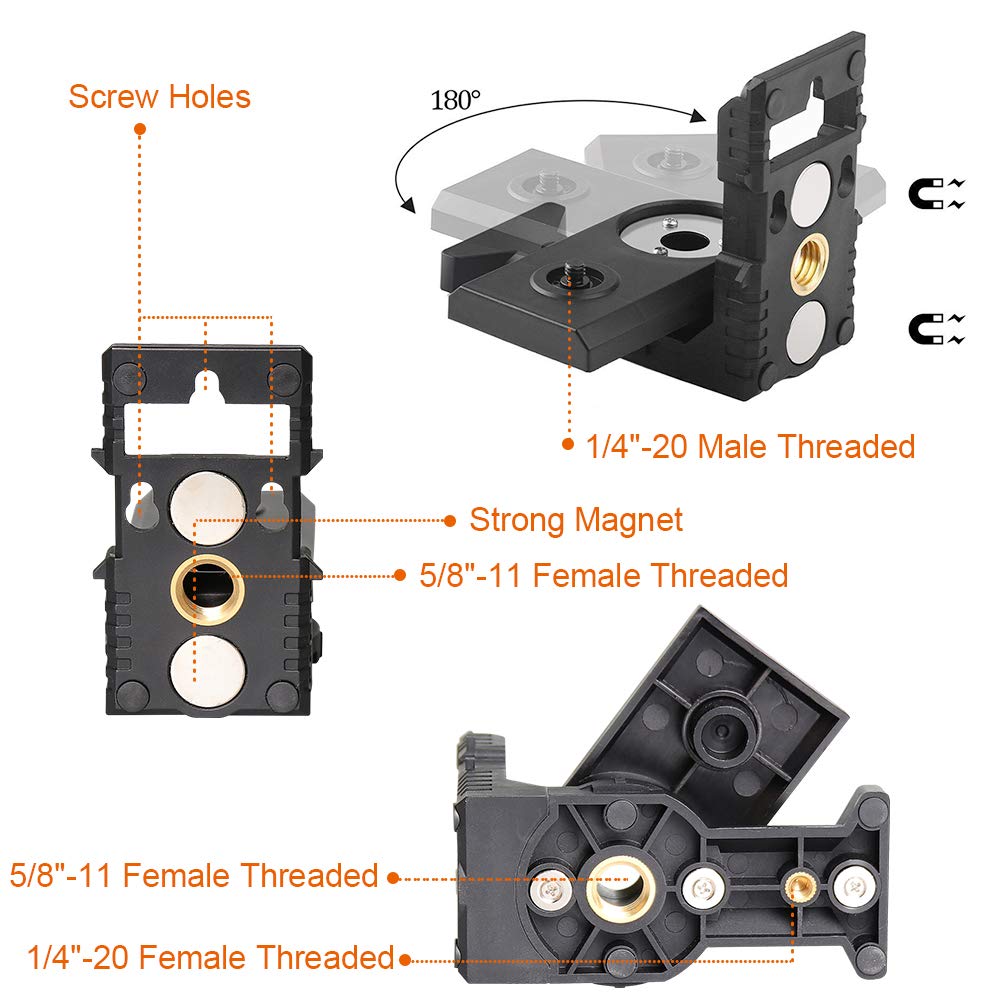 Huepar PV3 Adaptateur pour Niveau Laser, Base Pivotante Magnétique Multifonction, Support Réglable à 180°, Laser Level Adapter avec Fileté Mâle de 1/4"-20, Fileté Femelle 1/4"-20 et 5/8"-11