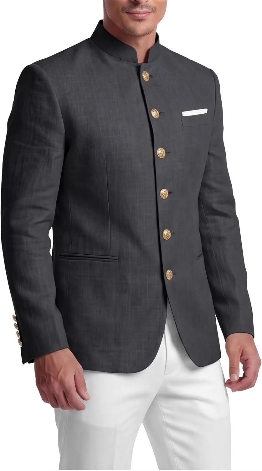 Mens Chinese Linen Suit Mandarin Collar Blazer Jackets Men Sport Coat Business Prom Dress Coat for Men Beach Wedding