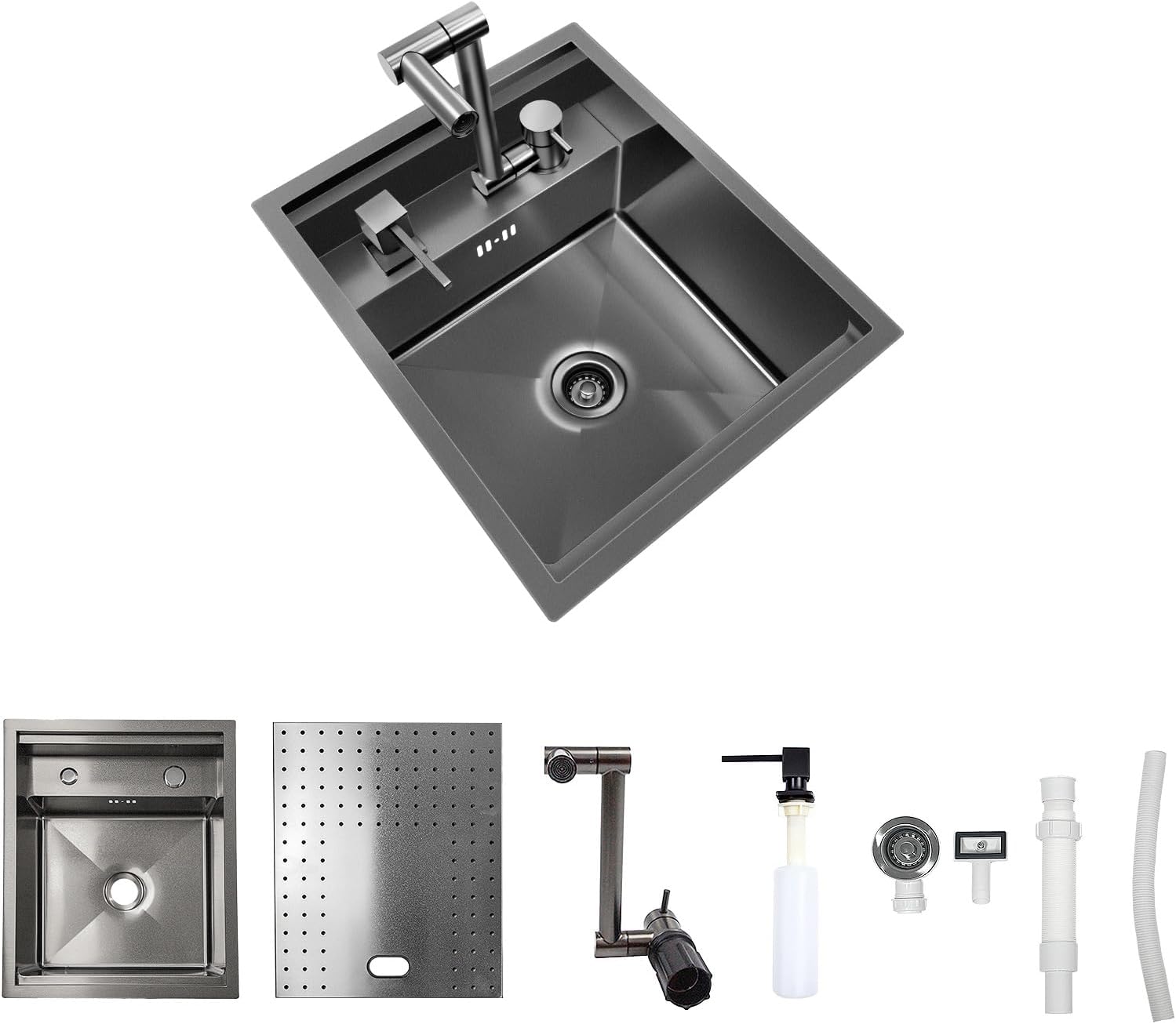 RV Sink, 17.32×14.17×7.87 Inch Black Bar Sink, Portable Small Single Bowl Multifunctional Kitchen Sink with Faucet and Stainless Steel Cover Plate