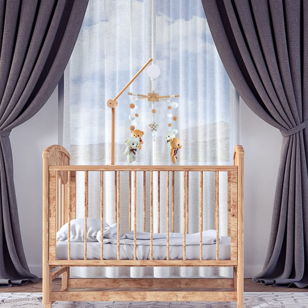 Mobile Lit Bébé Mouton avec Support Mobile Bébé Réglable et Boîte à Musique, Mobile Bébé Bois, Mobile Musical Lit Bébé, Carillon de Vent Suspendu pour Lit Bébé, Cadeau Bébé Nouveau-né (Beige)