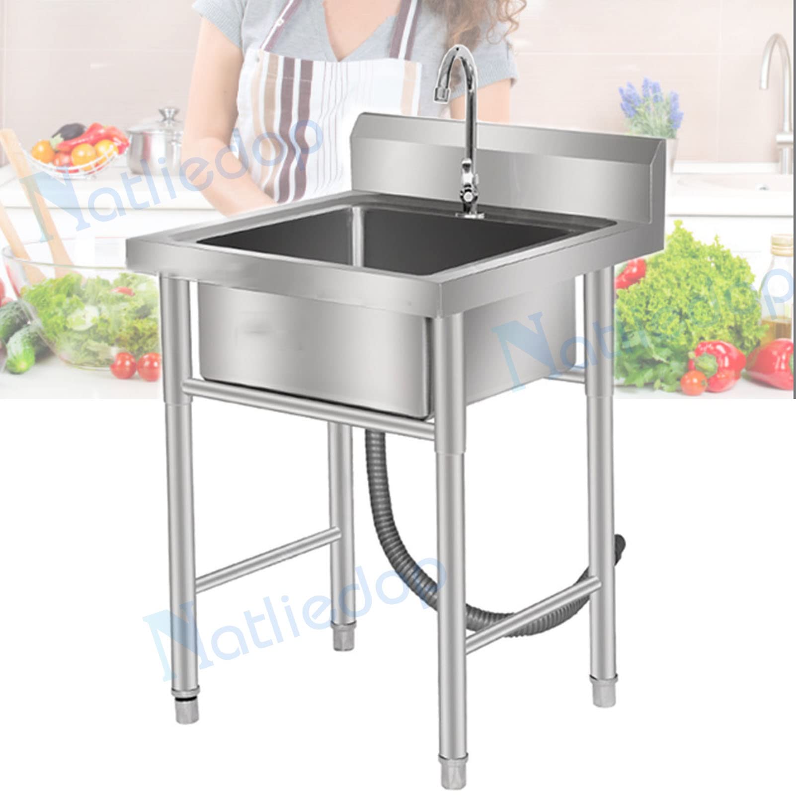 ZQFHSX 304 Stainless Steel Kitchen Sink with Faucet Free Standing Bathroom Single Bowl for Indoor Outdoor Restaurant Farmhouse 50cm/60cm