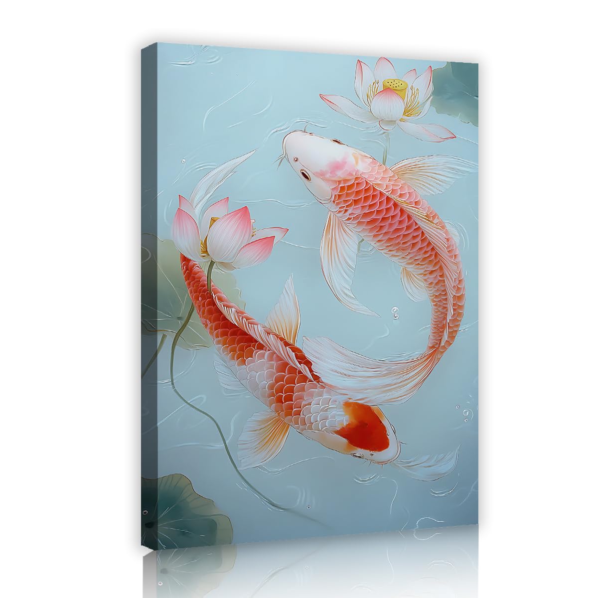 Via Vela Red White Koi Fish Canvas Wall Art Feng Shui Lucky Carp Lotus Flower Painting Traditional Chinese Ink Artwork for Bathroom Spa Decor 50x75cm