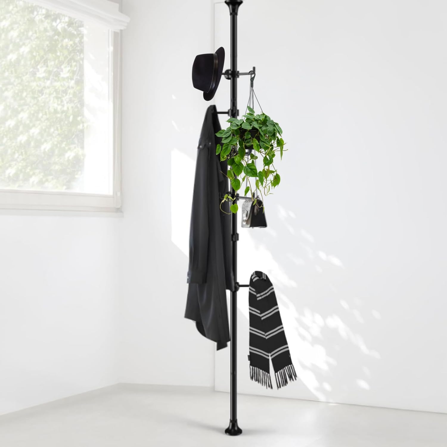 Coat Rack Freestanding 56 to 125 inch Adjustable Tension Rod Hanger with 12 Hooks for Hanging Coat Plant
