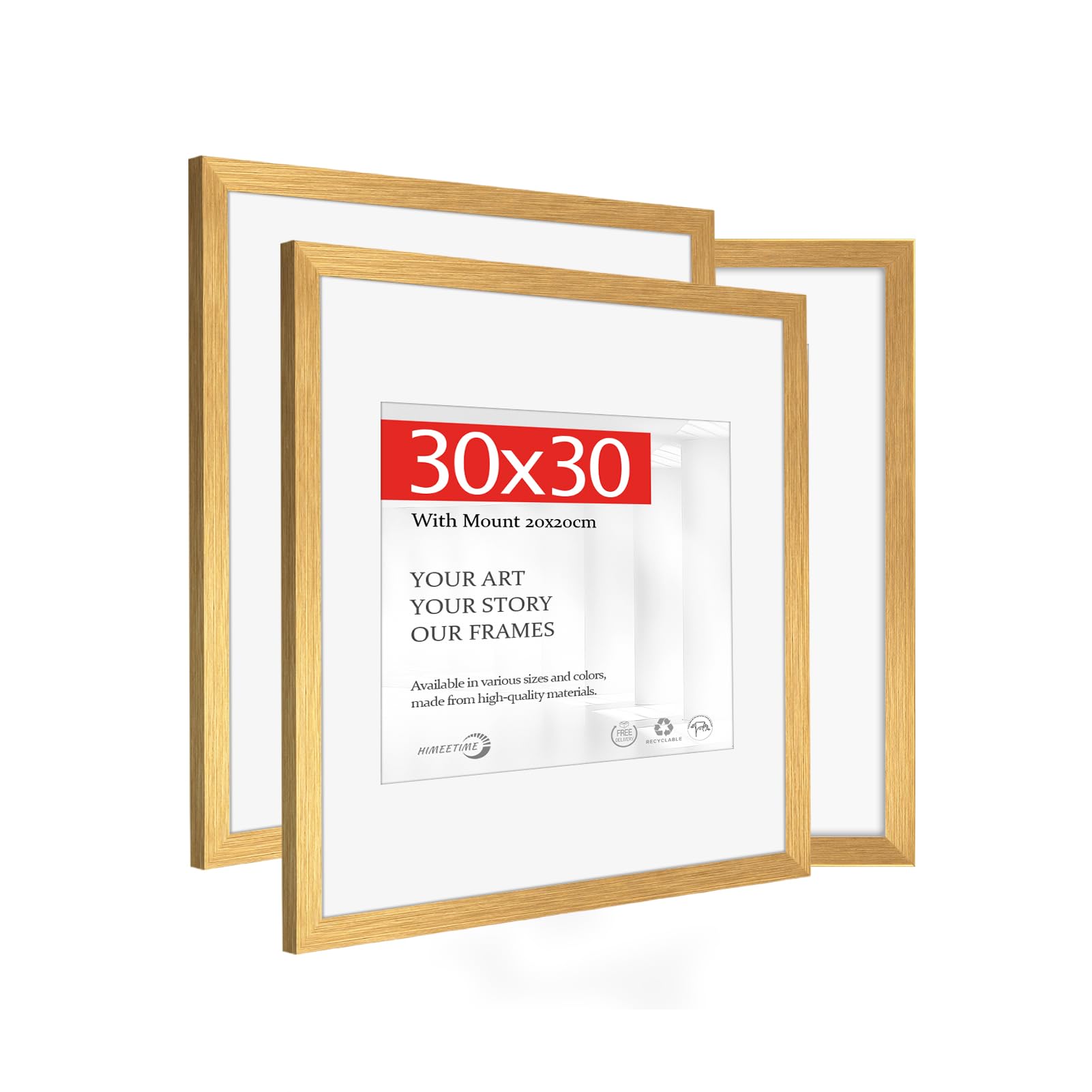 HIMEETIMEĀ® 3x Picture Frame 30x30 Brushed Gold Wood,30x30cm Photo Frames with 20x20cm Mount ā Includes HD Perspex,Wall Mountable