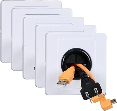 5Pcs Self-Adhesive Cable Entry Cover, Brush Wall Plate for Cables, Easy Install Cable Management Kit with 31mm Hole, 86x86mm White Cable Hole Cover Wall Plate,Effective Cable Management