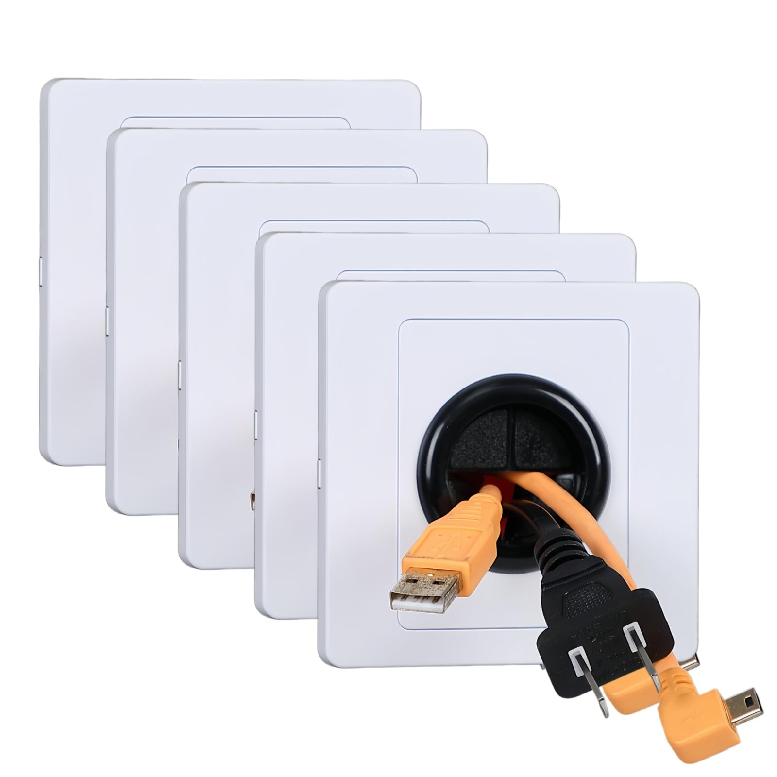 5Pcs Self-Adhesive Cable Entry Cover, Brush Wall Plate for Cables, Easy Install Cable Management Kit with 31mm Hole, 86x86mm White Cable Hole Cover Wall Plate,Effective Cable Management
