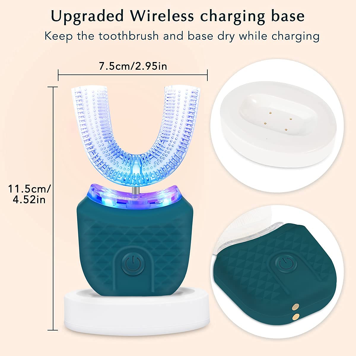 Cepillo de dientes eléctrico ultrasónico, cepillo de dientes automático en forma de U para adultos, 360°, cepillo de dientes de boca entera blanqueamiento IPX7 impermeable