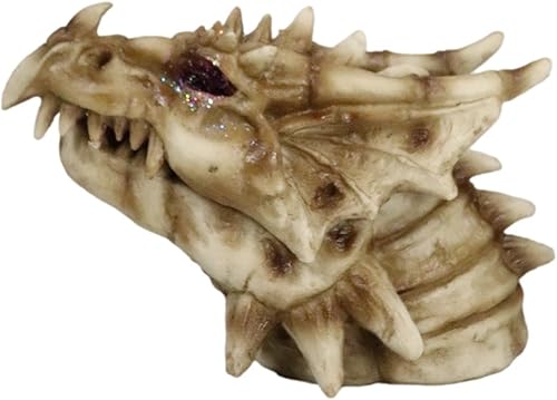 Miniatura 4 de Ebros Gift Esqueleto medieval gótico de cabeza de dragón fósil antiguo con geoda falsa granate, rocas, ojos, quemador de incienso o como caja