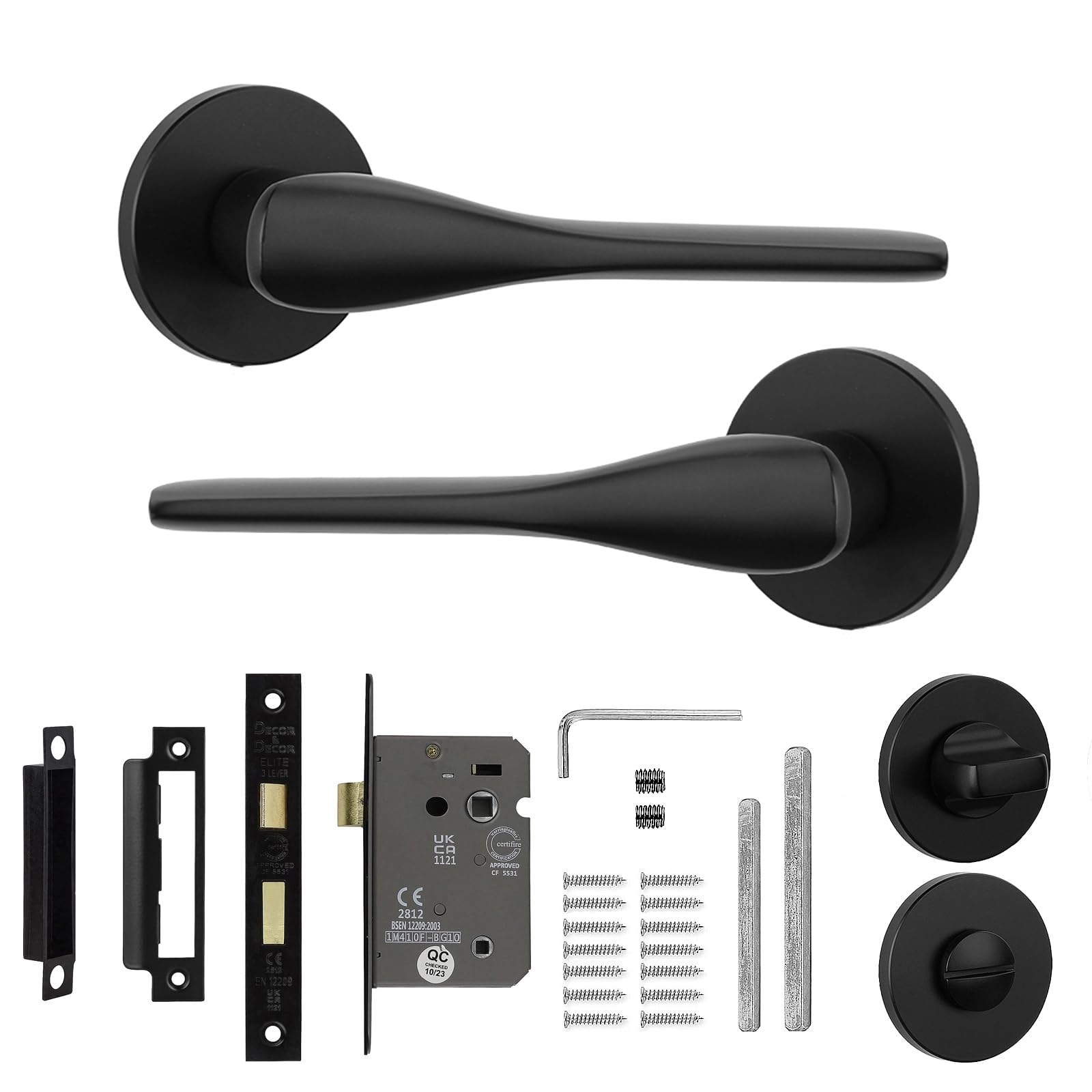 Decoranddecor Verita matt Black Internal Door Handle Set with Bathroom Lock, Aluminium Lever on Rose with Turn and Release, Modern Hardware for Wooden Interior Toilet, ensuite and Shower Doors
