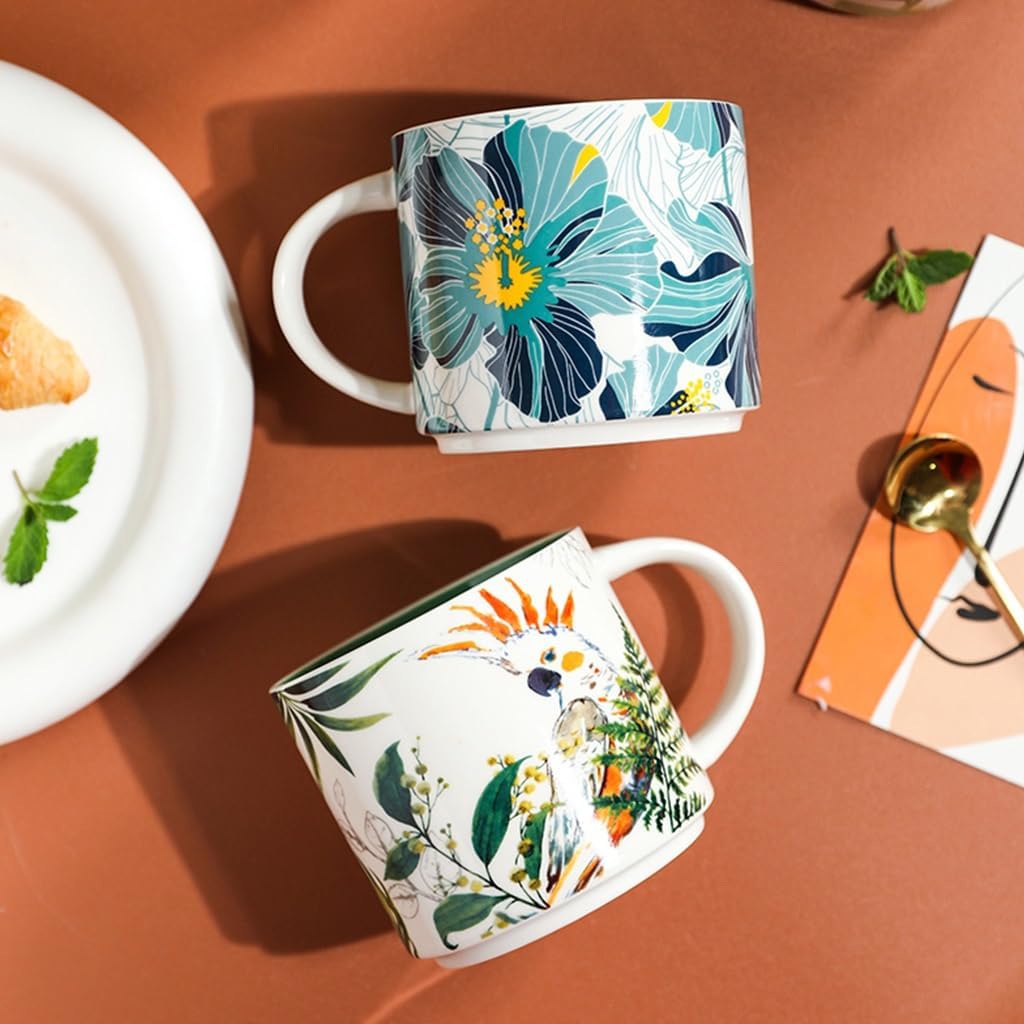 coffee cups, 16 Oz Ceramic Coffee Mug Creative Flower And Bird Mug Large Capacity For Tea Cocoa Cappuccino Lattes And Milk (Color : Pink)(Green)