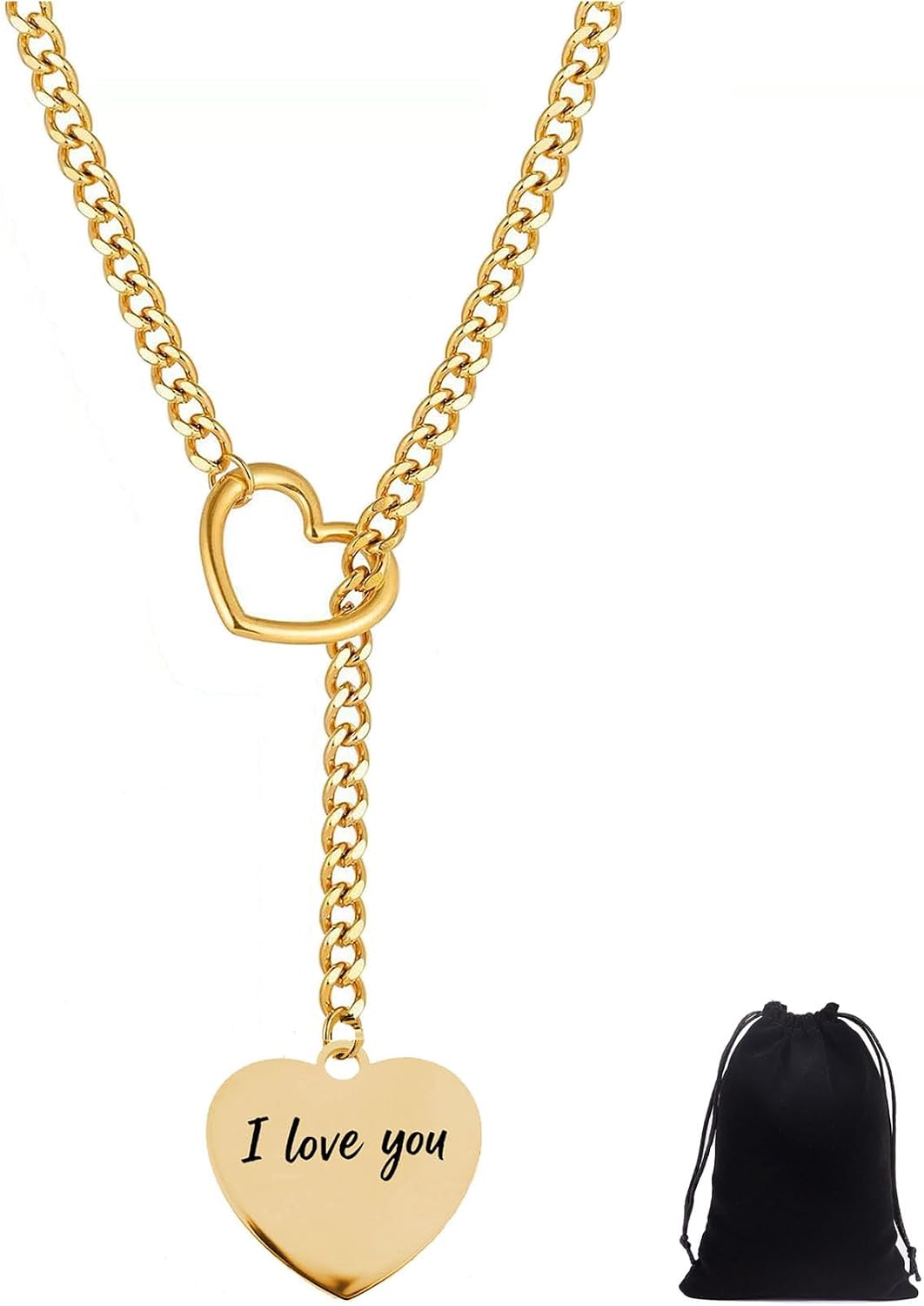 Heart Slip Chain Necklaces for Women Stain Steel Cuban Link Lariat Y Necklaces Punk Gothic Bar Pendant Wrap Choker Necklace Adjustable Slip Chain Necklace Valentine's Day Jewelry Gift for women