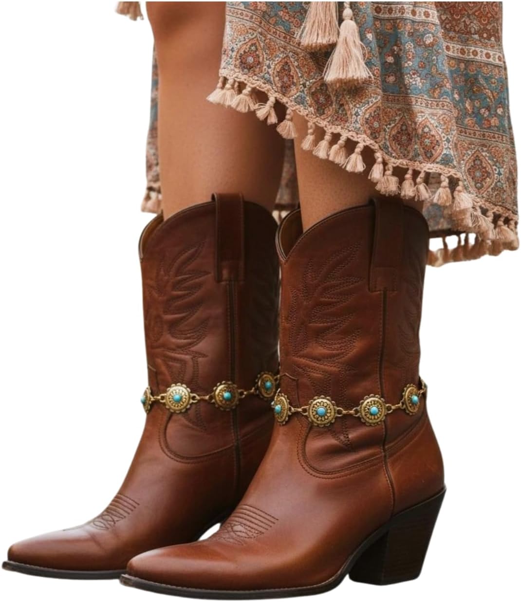 Women's western boot chain anklet, antique gold metal links with turquoise flower conchos, boho festival fashion accessory BC177