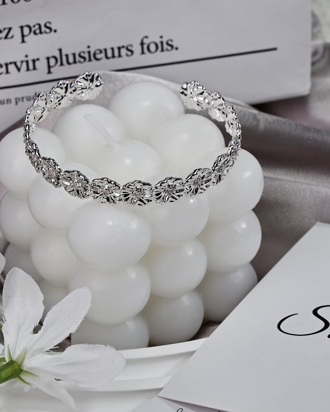 Modern Silver Bangle Bracelet with Irregular Textured Design and CZ Stones, Polished Sterling Silver Plated Bangles for Women — Adjustable Bangle Bracelet - Image 7