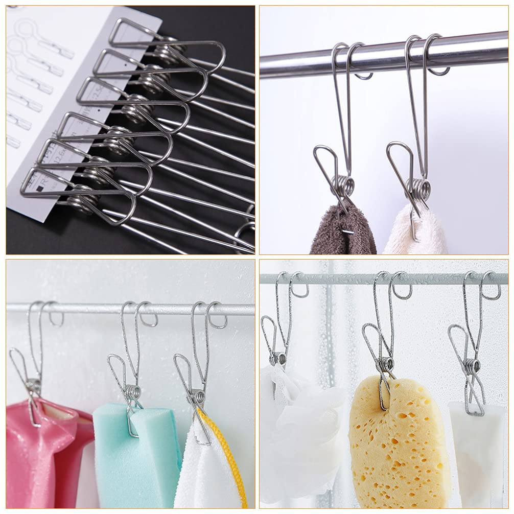 HEMOTON 10 Stück Edelstahl Metall lange Schwanz Clip mit Haken Kleidernadeln hängen Universal Clips für Küche Bad Büro