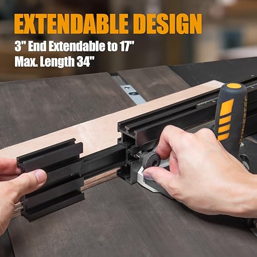 Miniatura 3 de POWERTEC 71766 Sistema de calibre de inglete de precisión para sierra de mesa Kit con valla telescópica  11 topes de ángulo preestablecidos, valla