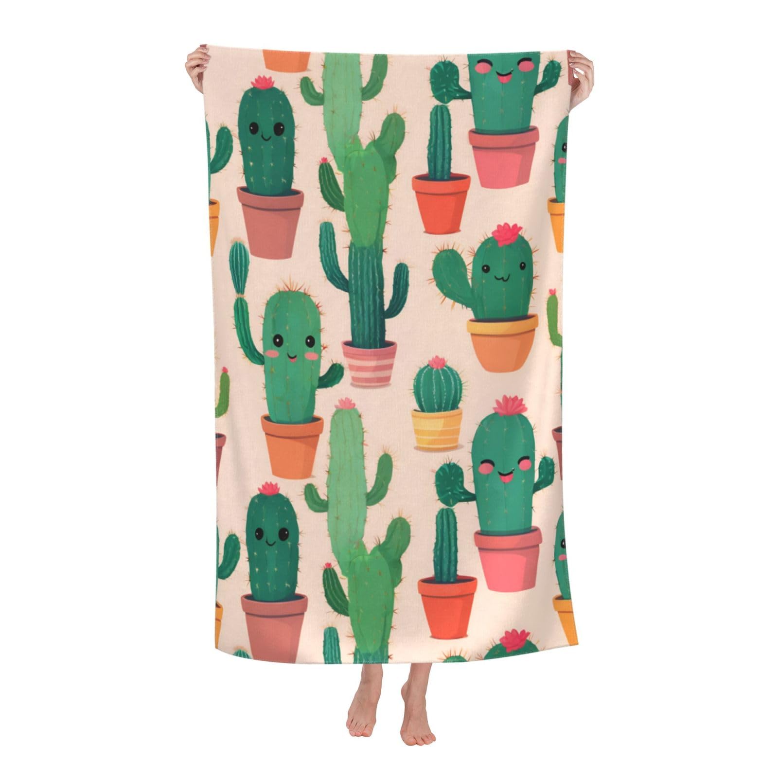 Pojknbv White Cute Cactus Print Oversized Adult Beach Towel Quick-Dry Comfortable Lightweight Travel Pool Camping