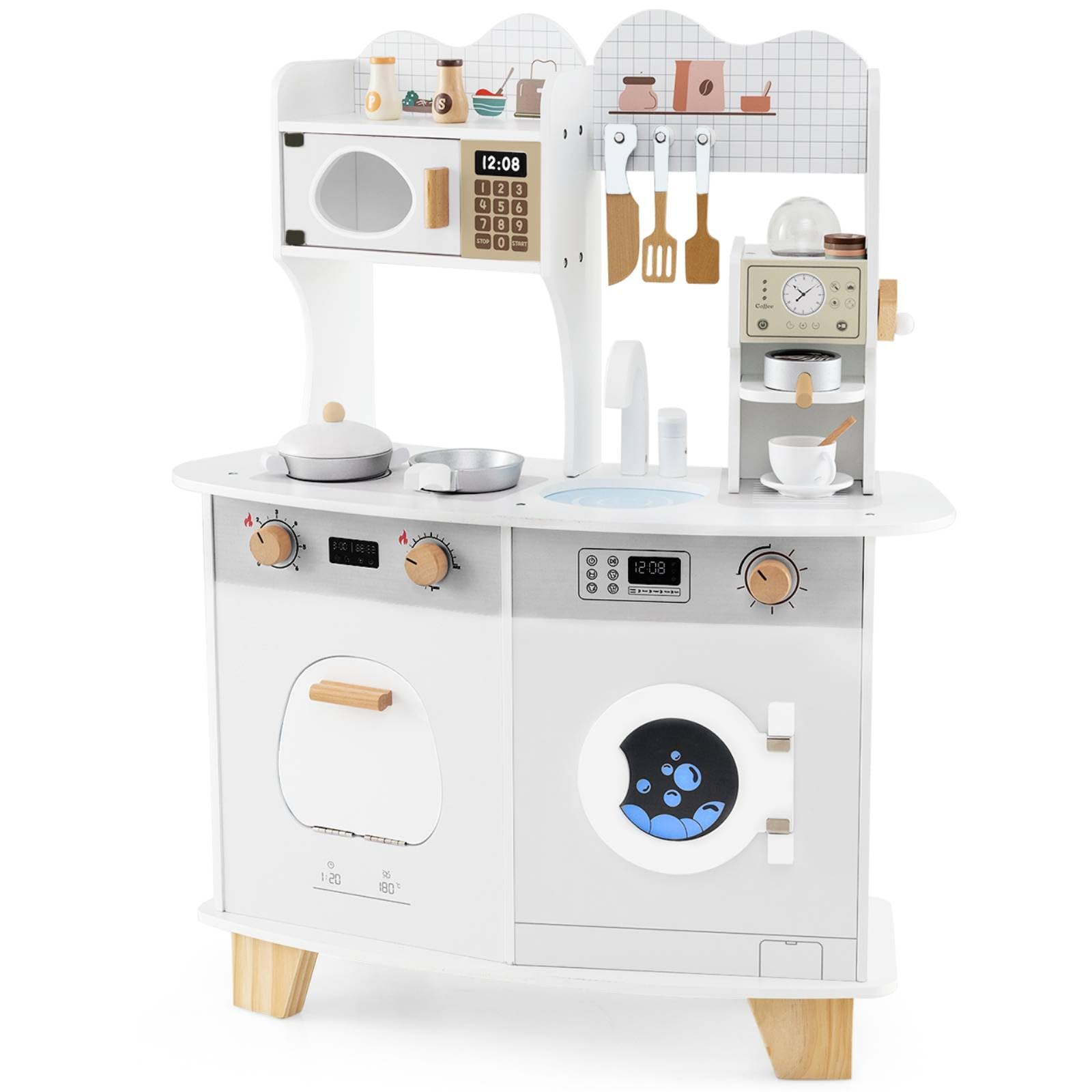 GYMAX Kids Play Kitchen, Wooden Toy Kitchen with Stoves, Microwave, Washing Machine, Oven, Coffee Maker, Sink and Cookware Accessories, Pretend Children Kitchen for 3+ Years Old (White)