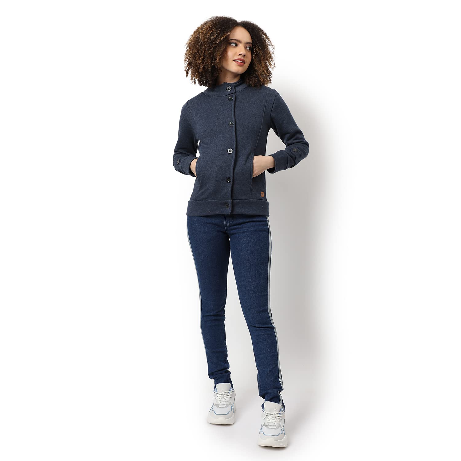 PINACOLADA Women's Prussian Blue Single-Breasted Jacket With Insert Pocket For Casual Wear | High Neck | Long Sleeve | Button Closure | Cotton Jacket Crafted With Comfort Fit For Everyday Wear 4