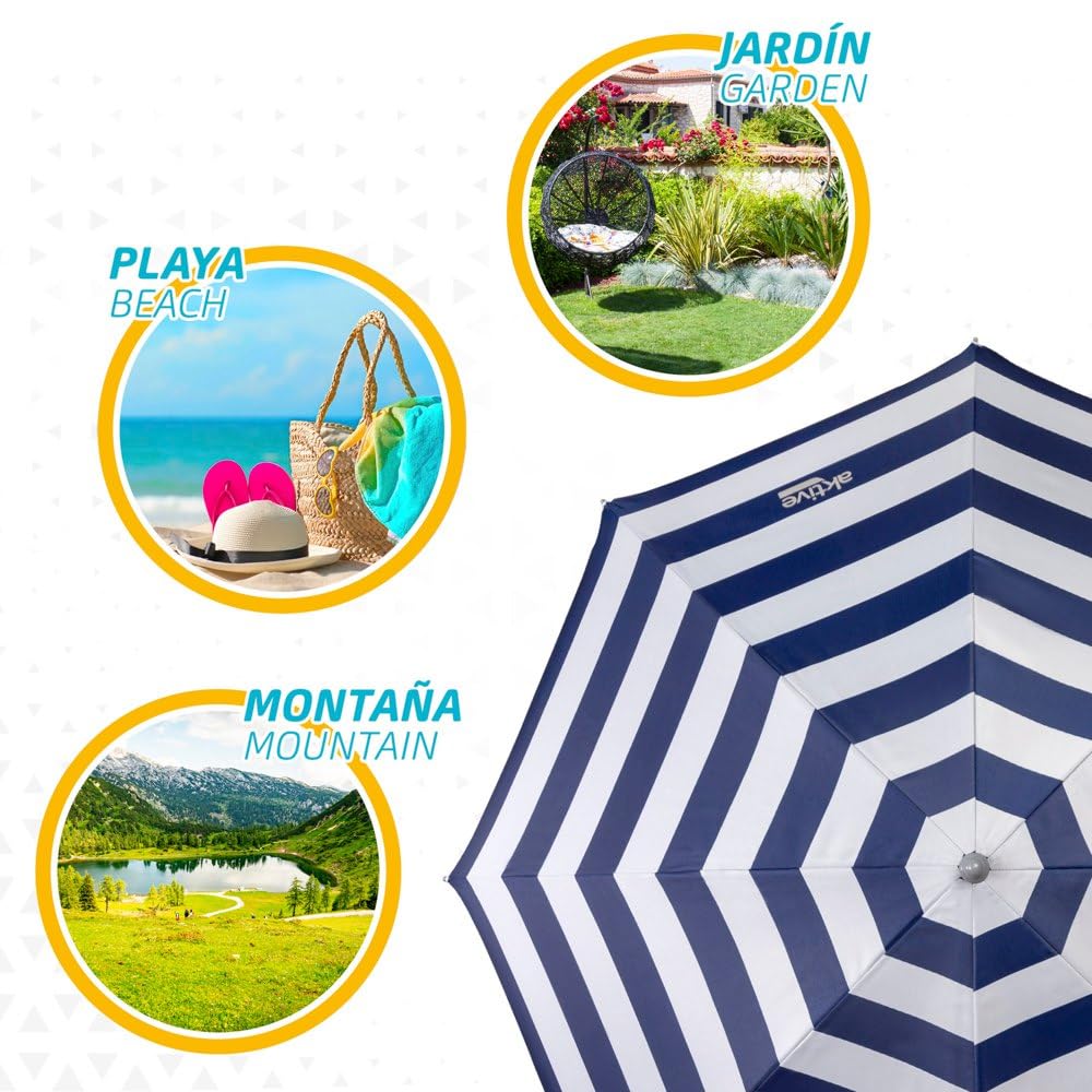 Aktive 62223 - Sombrilla de playa, Ø180 cm, con protección UV filtro 50, mástil Ø22-25 mm, incluye bolsa para transportarla, Sombrilla playa plegable, estampado a rayas marineras, Aktive Beach,