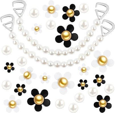WYVAS 30 Pcs Bling Shoe Charms, Daisy Flower Shoe Charms Pearl Shoe Chain, Shoes Decoration Charm for Women Sandal Clog Accessories for Birthday Party Favors