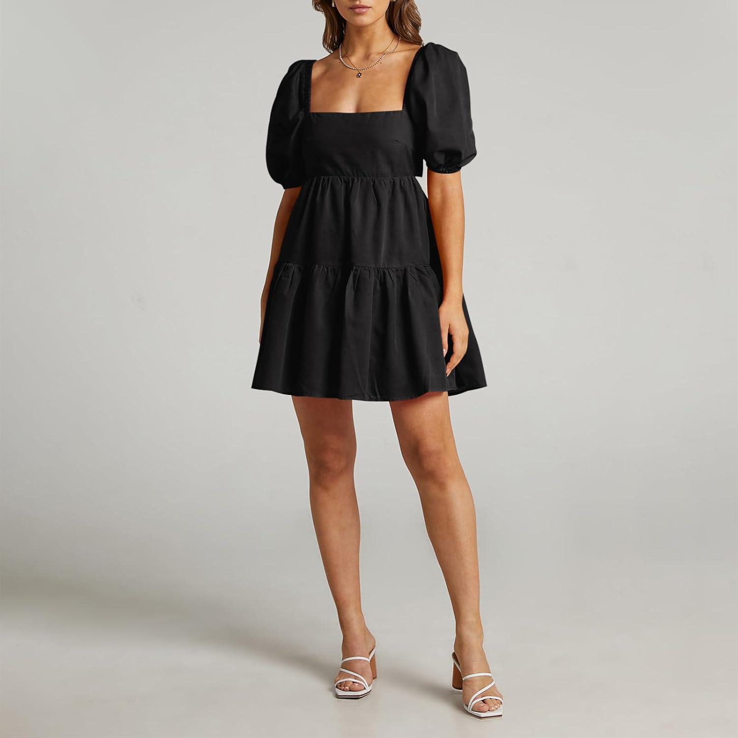 OWNGIGI Women's Summer Dress Square Neck Puffy Short Sleeve Loose Tie Back Casual A-Line Mini Dresses - Image 4