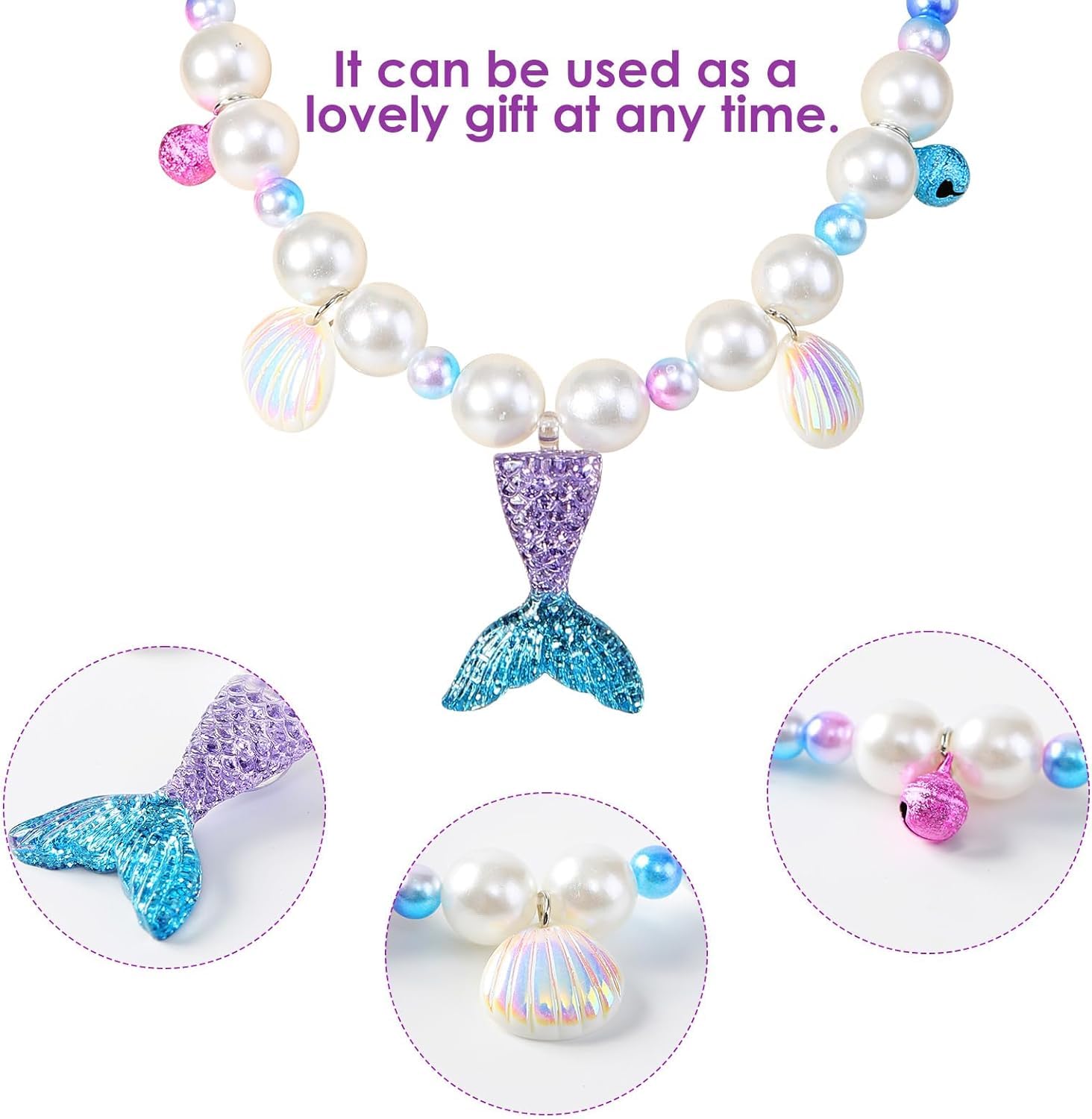 TASMAI MARKETING Mermaid Tail Necklace Earrings Bracelet,Mermaid Pearl Theme 5 Pcs Jewelery Set,Birthday Gift, Party Supplies,Princess Dress Up,Halloween Costume Accessories (Purple),Kids Necklace 2