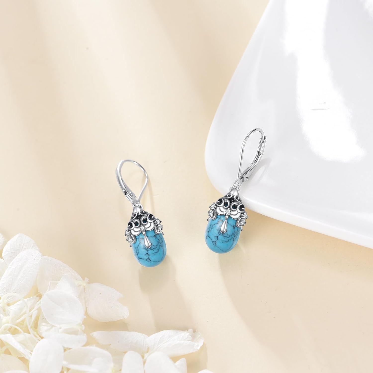URONE Turquoise Teardrop Earrings 925 Sterling Silver Vintage Filigree Leverback Dangle Earrings Turquoise Jewelry Gifts for Women - Image 3