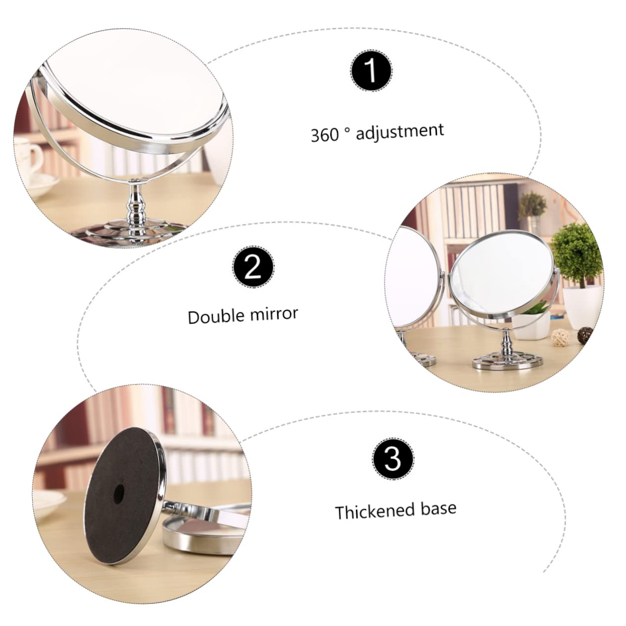 Doppelseitiger Vergrößerungs Schminkspiegel Schwenkbar für Tisch und Stand | Silber, Metall und Glas, Klare Sicht, Praktisch für Rasur und Make Up Am Schreibtisch