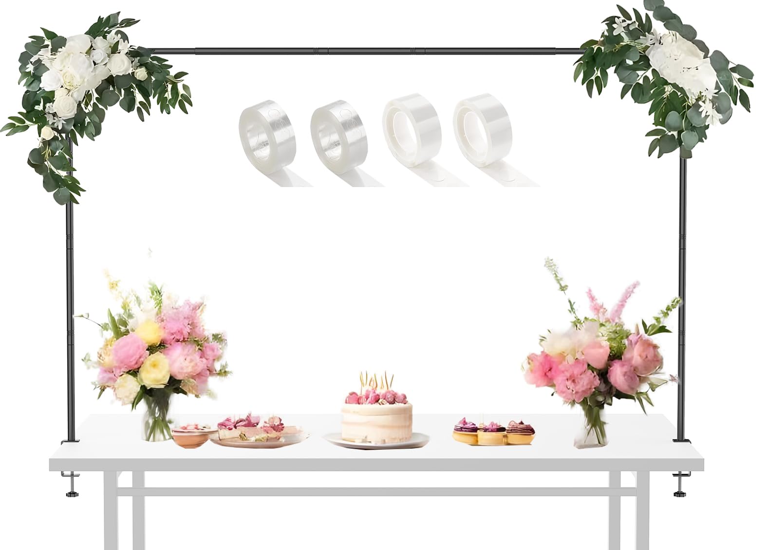 Photo 1 of LANGXUN Meatl Table Balloon Arch Kit, Adjustable 16''-56'' Tall 29"-98" Length Table Stand, For Birthday Party Wedding & Graduation Decorations, Christmas Decort Baby Shower Party Supplies (Black)
