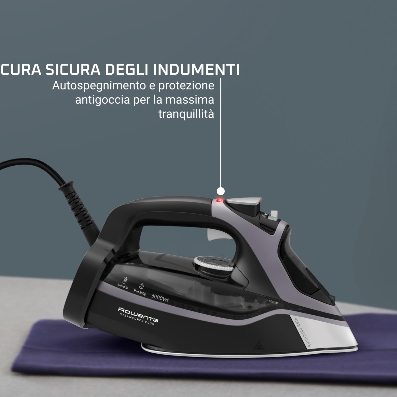 Rowenta SteamForce Ferro da Stiro a Vapore, 3000 W, Erogazione Continua di Vapore da 45 g/min, Getto Vapore da 250 g/min., Antigoccia, Spegnimento Automatico, Serbatoio 350 ml, DW9410