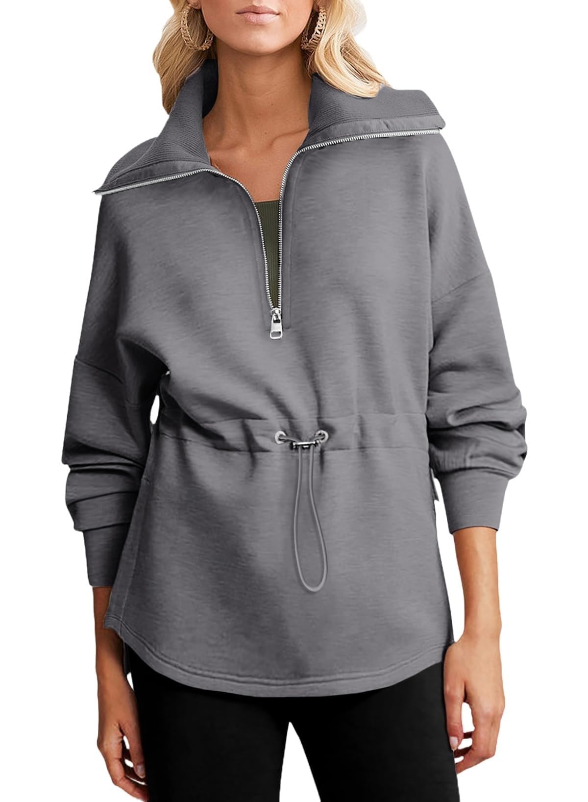 BTFONIA Womens Oversized Sweatshirts Half Zip Drawstring Waist Long Sleeve Side Slits Casual Pullover Sweatshirt Tops(Gray,L)