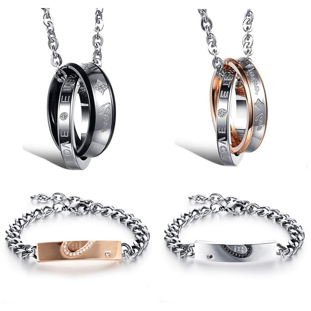 Flongo - Pulsera de acero inoxidable y circonitas, unisex, diseño de corazón, para parejas en el día de San Valentín, color plateado u oro rosa