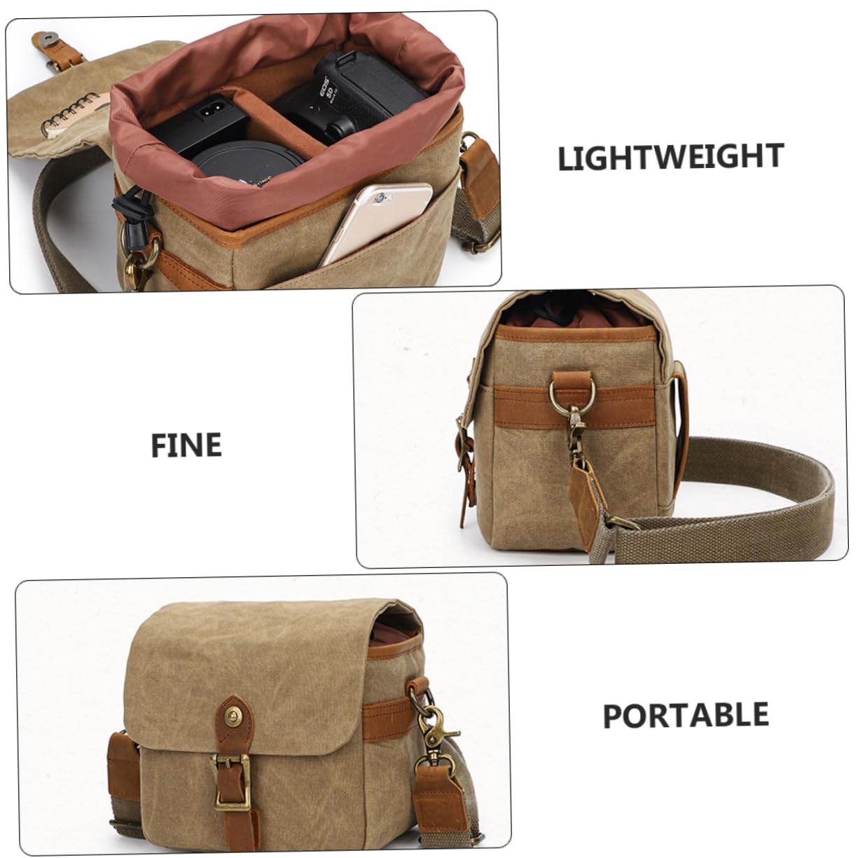 Veemoon Bolsa de Lona para Cámara Portátil Cámara Mirrorless Anticaídas para Fotógrafos al Aire Libre Resistente Color Caqui Compartimento para Accesorios