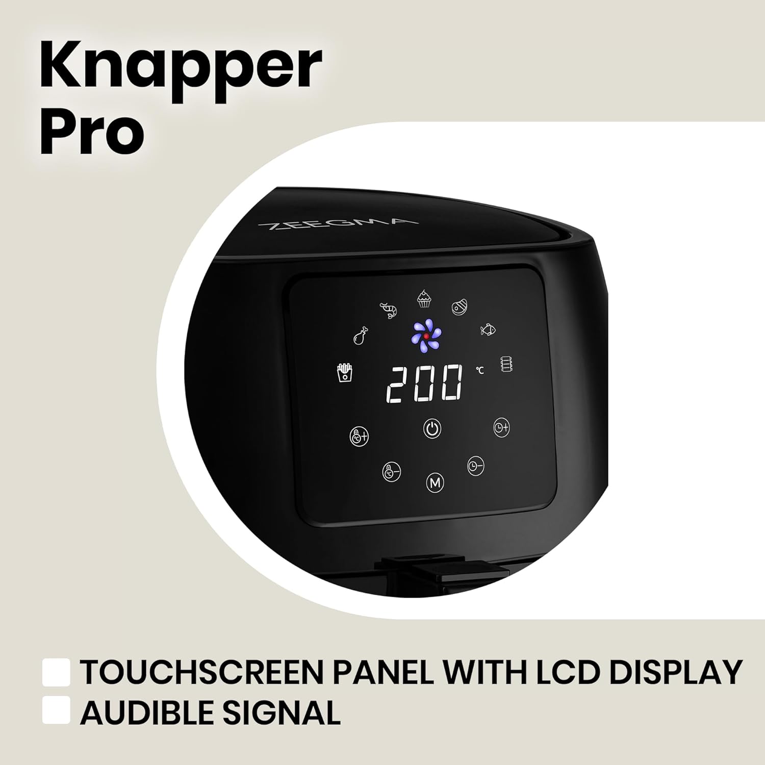 Close-up of ZEEGMA Knapper Pro Air Fryer touchscreen control panel