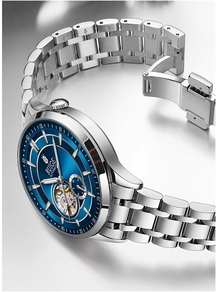 RUIGE Blue Hollow New Men's Watch Stainless Steel Fully Automatic Mechanical Movement Men's Waterproof Fashion Style Watch, the Best Choice for Daily Gifts 5208-12 image 5