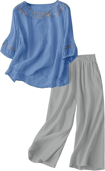 Franterd Two Piece Sets for Women Summer, Linen Sets for Women 2 Piece Boho Embroidered Tops and Linen Pants Trendy Outfits