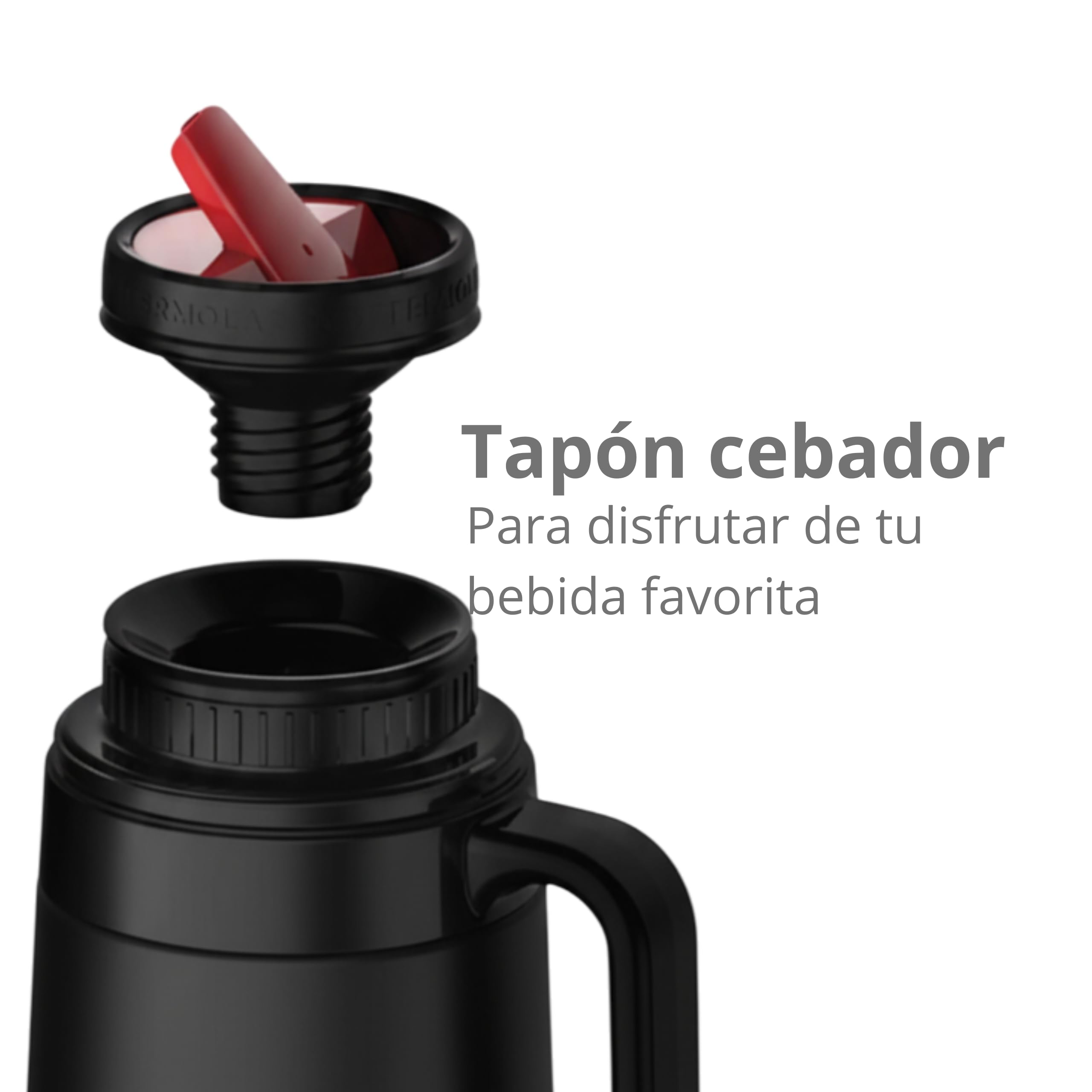 Termo R-EVOLUTION 1L con Pico Cebador para Mate y Asa - Negro | Acero Inoxidable 304 con Retención Térmica 20H Calor / 36H Frío - Botella Aislante de Viaje